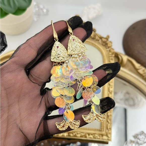 Gold Iridescent Fish Dangle Earrings | Unique Textured Design - Picture 6 of 9